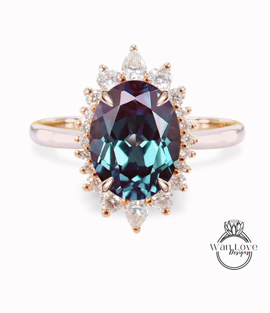 Alexandrite & Diamond Oval Cluster Halo Engagement Ring, Rose Gold Bridal Wedding Ring, Anniversary Gift