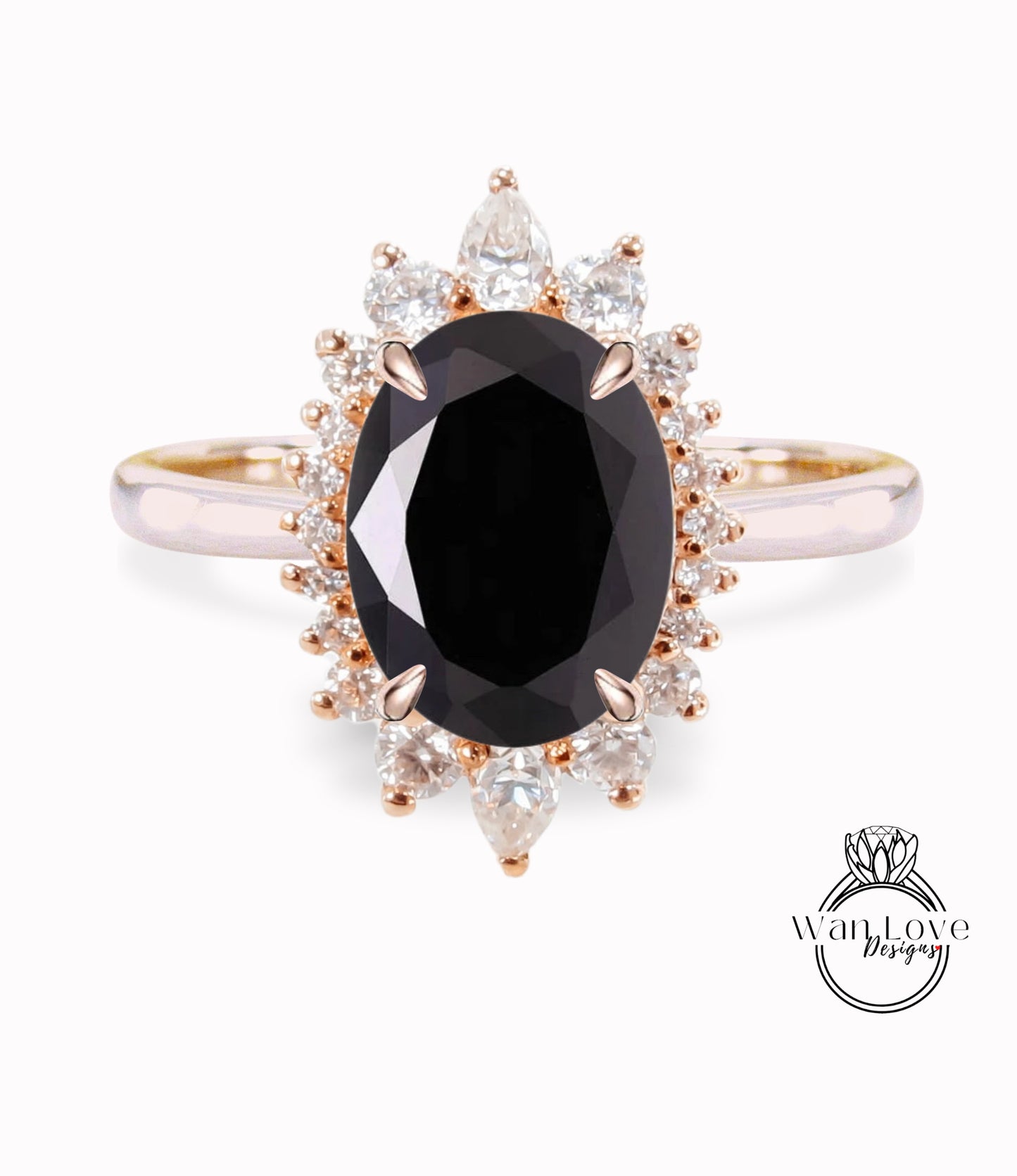 Black Spinel & Diamond Oval Cluster Halo Engagement Ring, Rose Gold Bridal Wedding Ring, Anniversary Gift