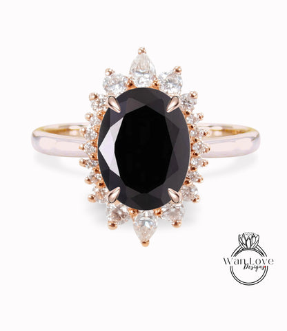 Black Spinel & Diamond Oval Cluster Halo Engagement Ring, Rose Gold Bridal Wedding Ring, Anniversary Gift