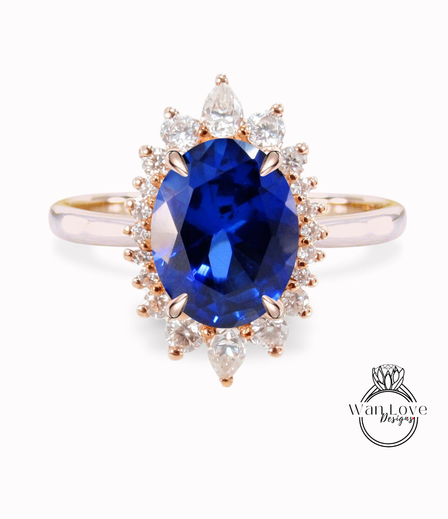 Blue Sapphire & Diamond Oval Cluster Halo Engagement Ring, Rose Gold Bridal Wedding Ring, Anniversary Gift