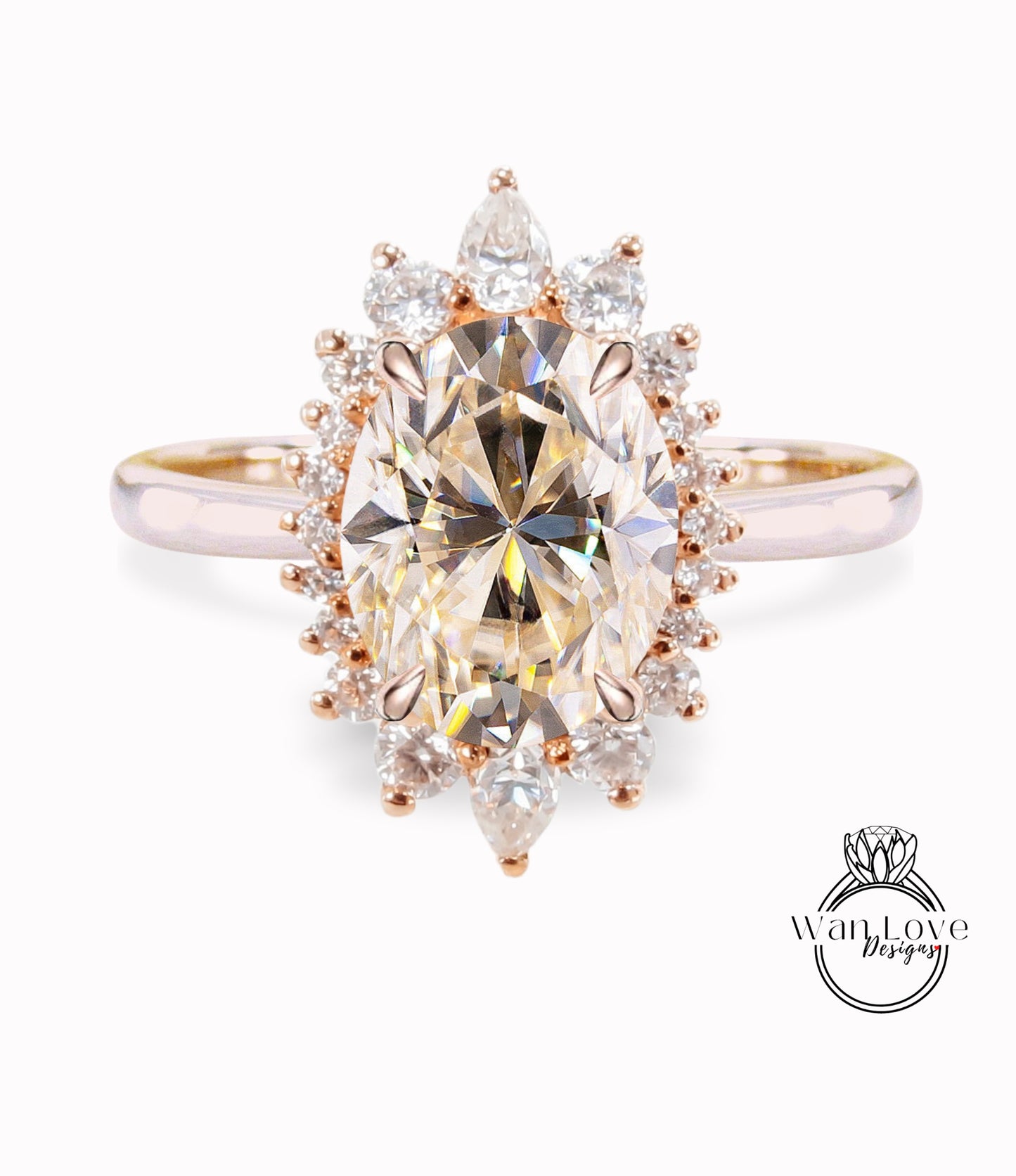 Champagne Moissanite & Diamond Oval Cluster Halo Engagement Ring, Rose Gold Bridal Wedding Ring, Anniversary Gift