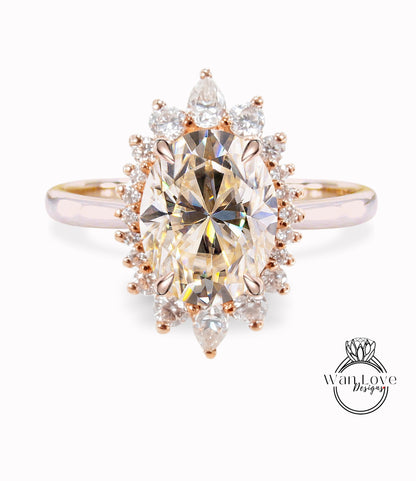 Champagne Moissanite & Diamond Oval Cluster Halo Engagement Ring, Rose Gold Bridal Wedding Ring, Anniversary Gift