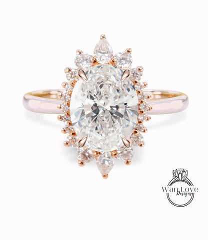 Halo Oval Diamond Engagement Ring, Halo Oval Diamond Engagement Ring, Rose Gold Oval Cluster floral Ring, Anniversary IGI Diamond Ring