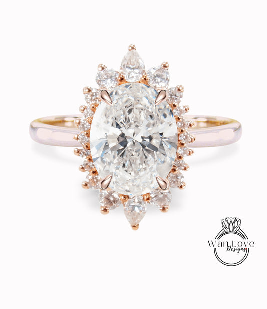 Halo Oval Diamond Engagement Ring, Halo Oval Diamond Engagement Ring, Rose Gold Oval Cluster floral Ring, Anniversary IGI Diamond Ring