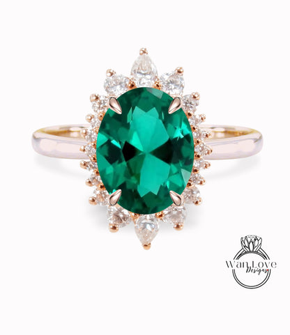 Emerald & Diamond Oval Cluster Halo Engagement Ring, Rose Gold Bridal Wedding Ring, Anniversary Gift