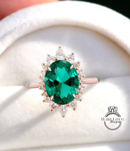 Emerald & Diamond Oval Cluster Halo Engagement Ring, Rose Gold Bridal Wedding Ring, Anniversary Gift