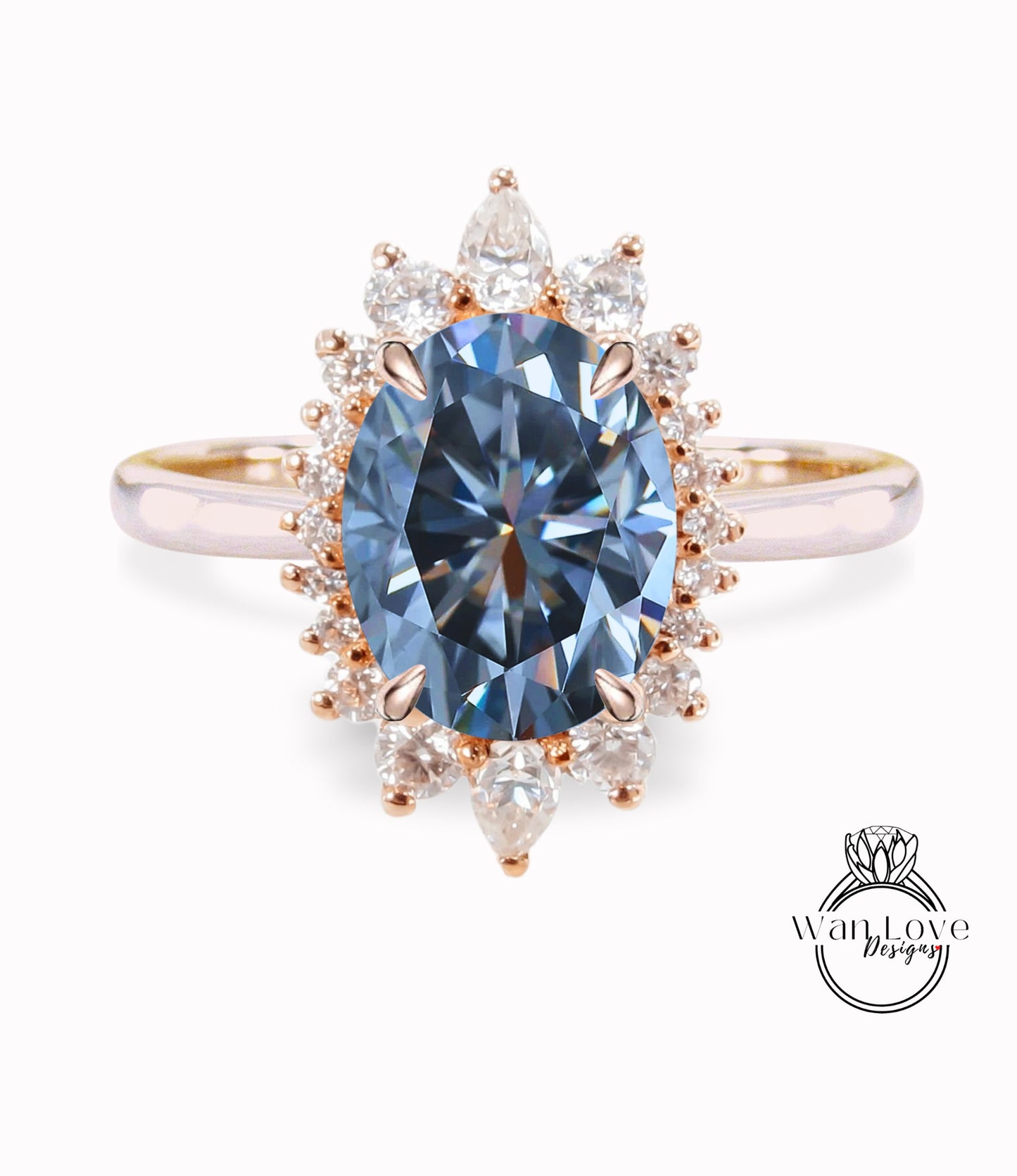 Gray Moissanite & Diamond Oval Cluster Halo Engagement Ring, Rose Gold Bridal Wedding Ring, Anniversary Gift
