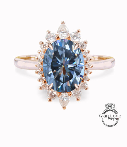 Gray Moissanite & Diamond Oval Cluster Halo Engagement Ring, Rose Gold Bridal Wedding Ring, Anniversary Gift