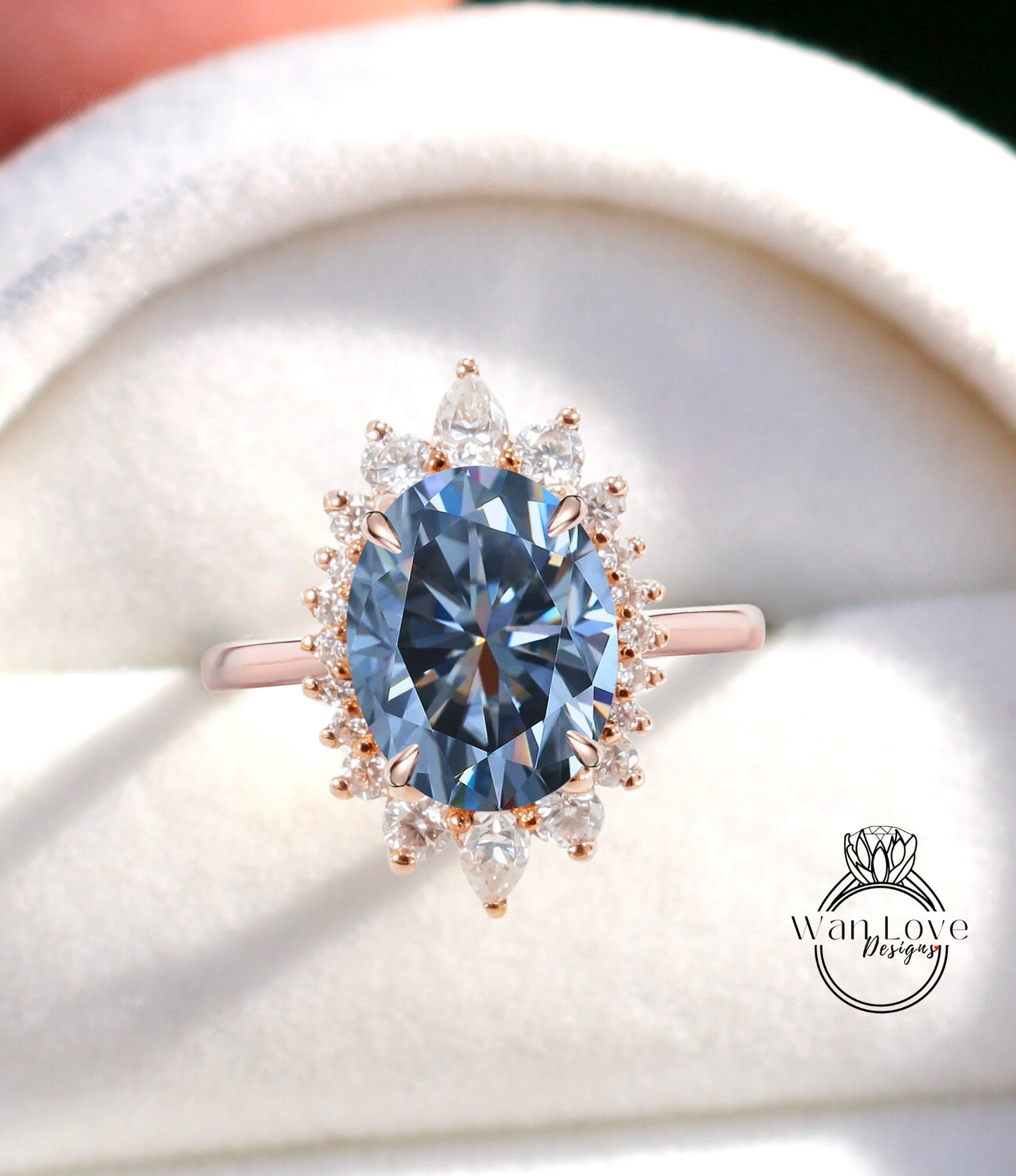 Gray Moissanite & Diamond Oval Cluster Halo Engagement Ring, Rose Gold Bridal Wedding Ring, Anniversary Gift