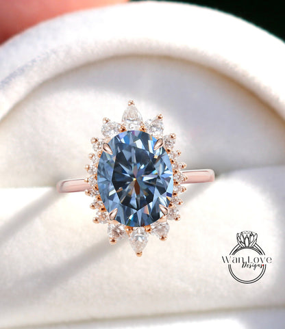 Gray Moissanite & Diamond Oval Cluster Halo Engagement Ring, Rose Gold Bridal Wedding Ring, Anniversary Gift