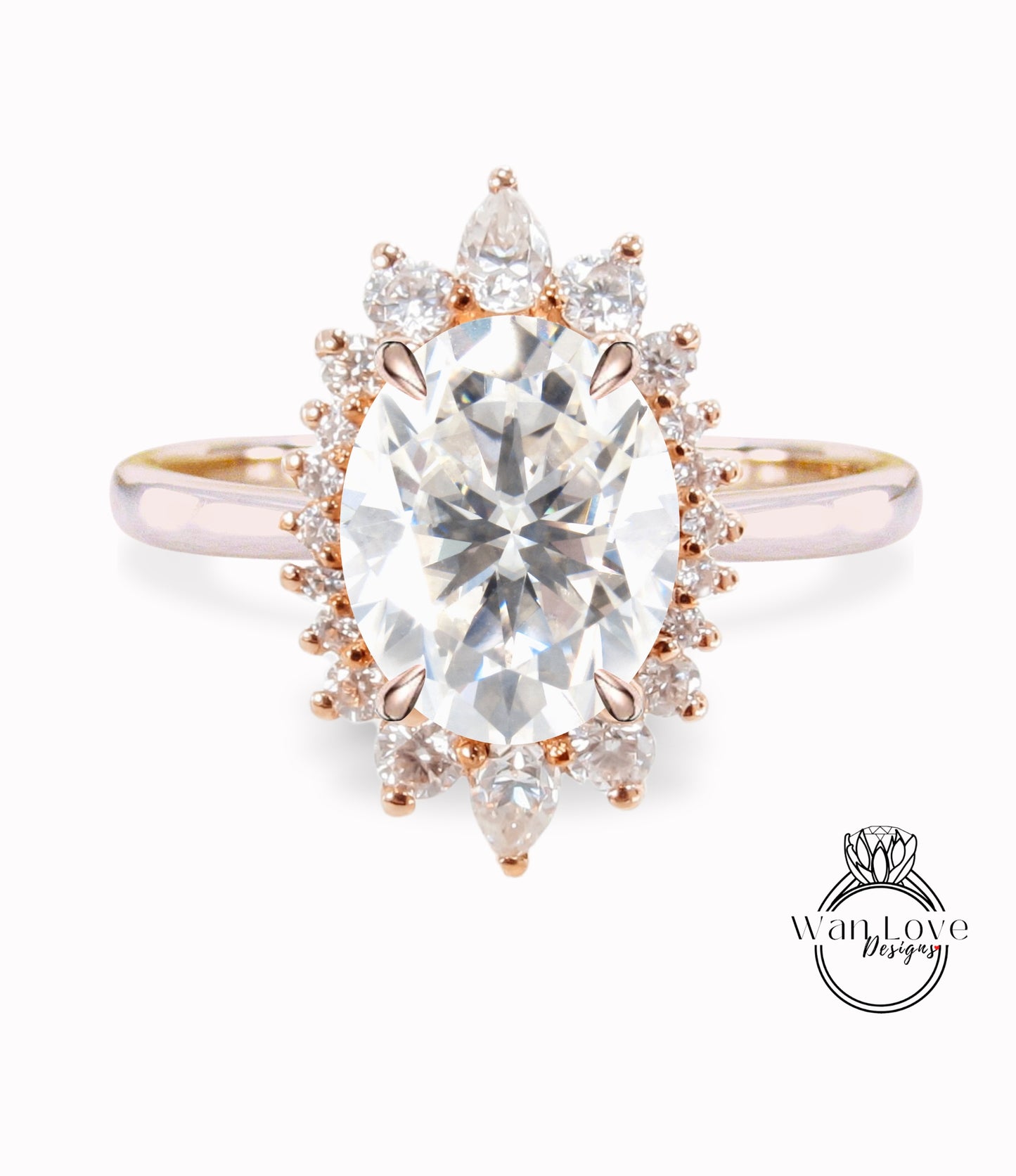 Moissanite & Diamond Oval Cluster Halo Engagement Ring, Rose Gold Bridal Wedding Ring, Anniversary Gift