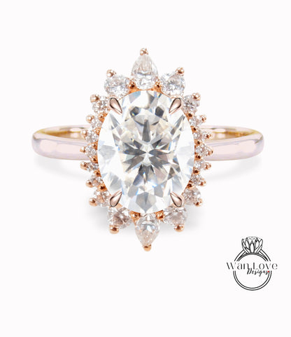 Moissanite & Diamond Oval Cluster Halo Engagement Ring, Rose Gold Bridal Wedding Ring, Anniversary Gift