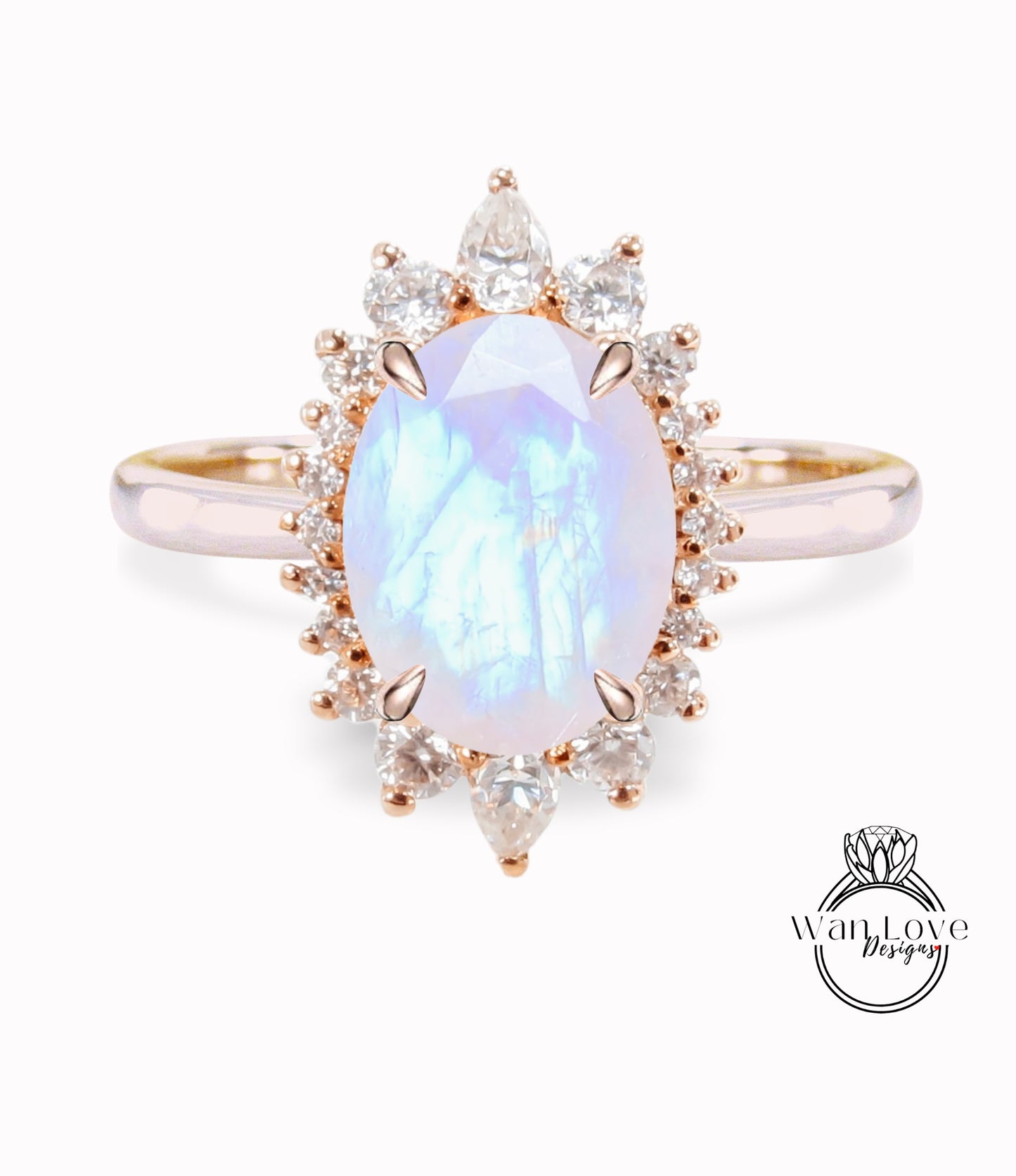 Moonstone & Diamond Oval Cluster Halo Engagement Ring, Rose Gold Bridal Wedding Ring, Anniversary Gift