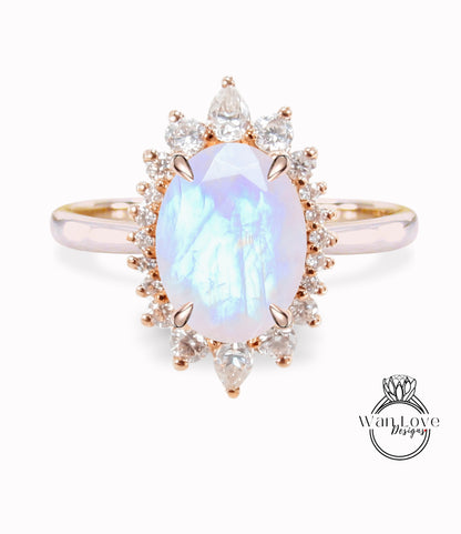 Moonstone & Diamond Oval Cluster Halo Engagement Ring, Rose Gold Bridal Wedding Ring, Anniversary Gift