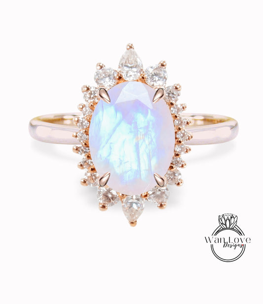 Moonstone & Diamond Oval Cluster Halo Engagement Ring, Rose Gold Bridal Wedding Ring, Anniversary Gift
