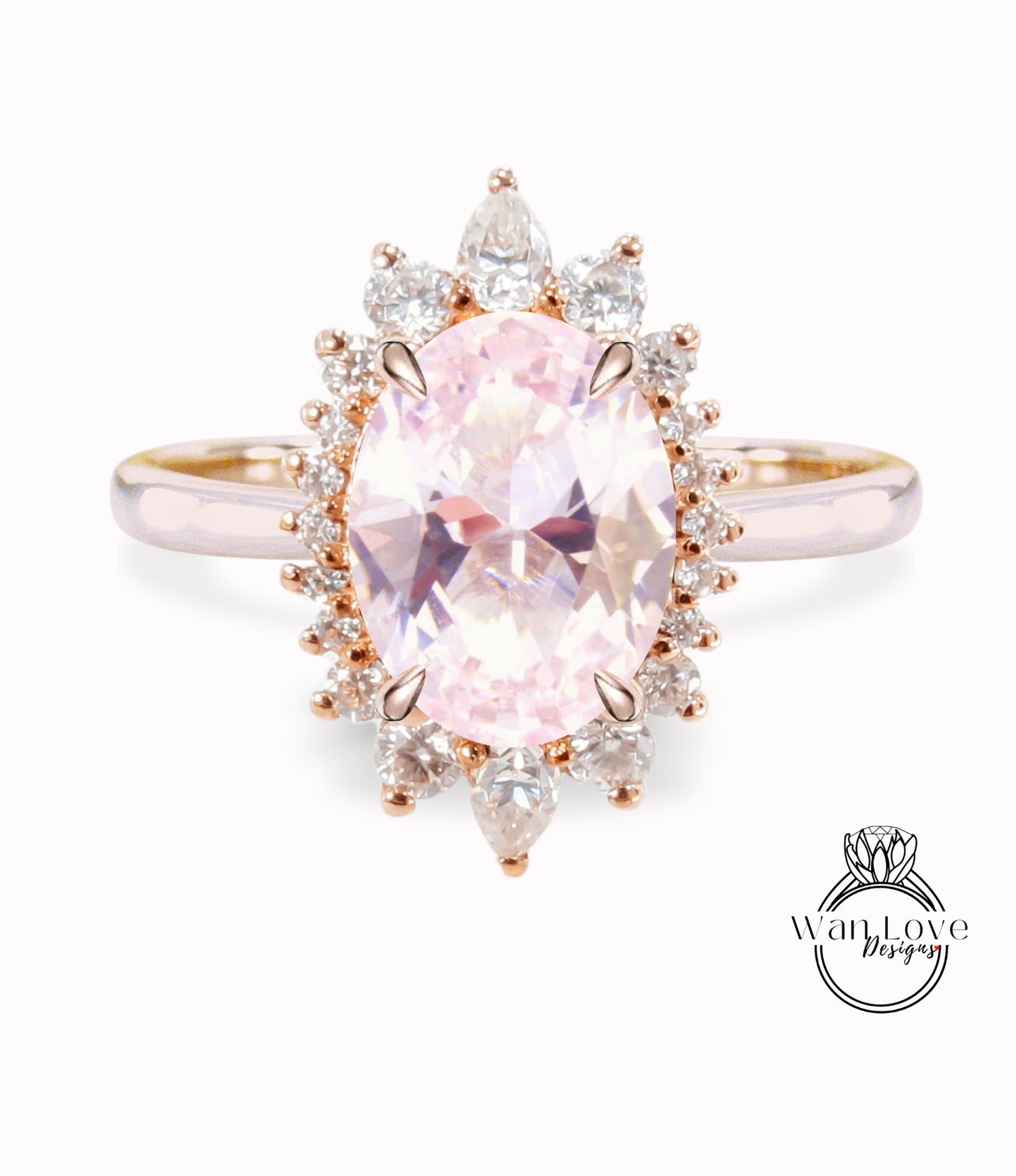Light Pink Sapphire & Diamond Oval Cluster Halo Engagement Ring, Rose Gold Bridal Wedding Ring, Anniversary Gift