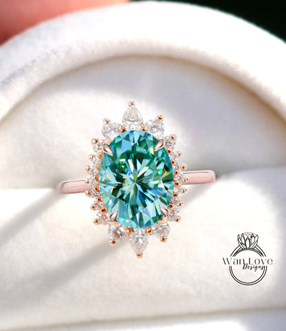 Blue Moissanite & Diamond Oval Cluster Halo Engagement Ring, Rose Gold Bridal Wedding Ring, Anniversary Gift