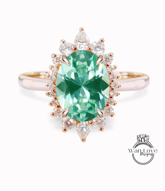 Teal Spinel & Diamond Oval Cluster Halo Engagement Ring, Rose Gold Bridal Wedding Ring, Anniversary Gift