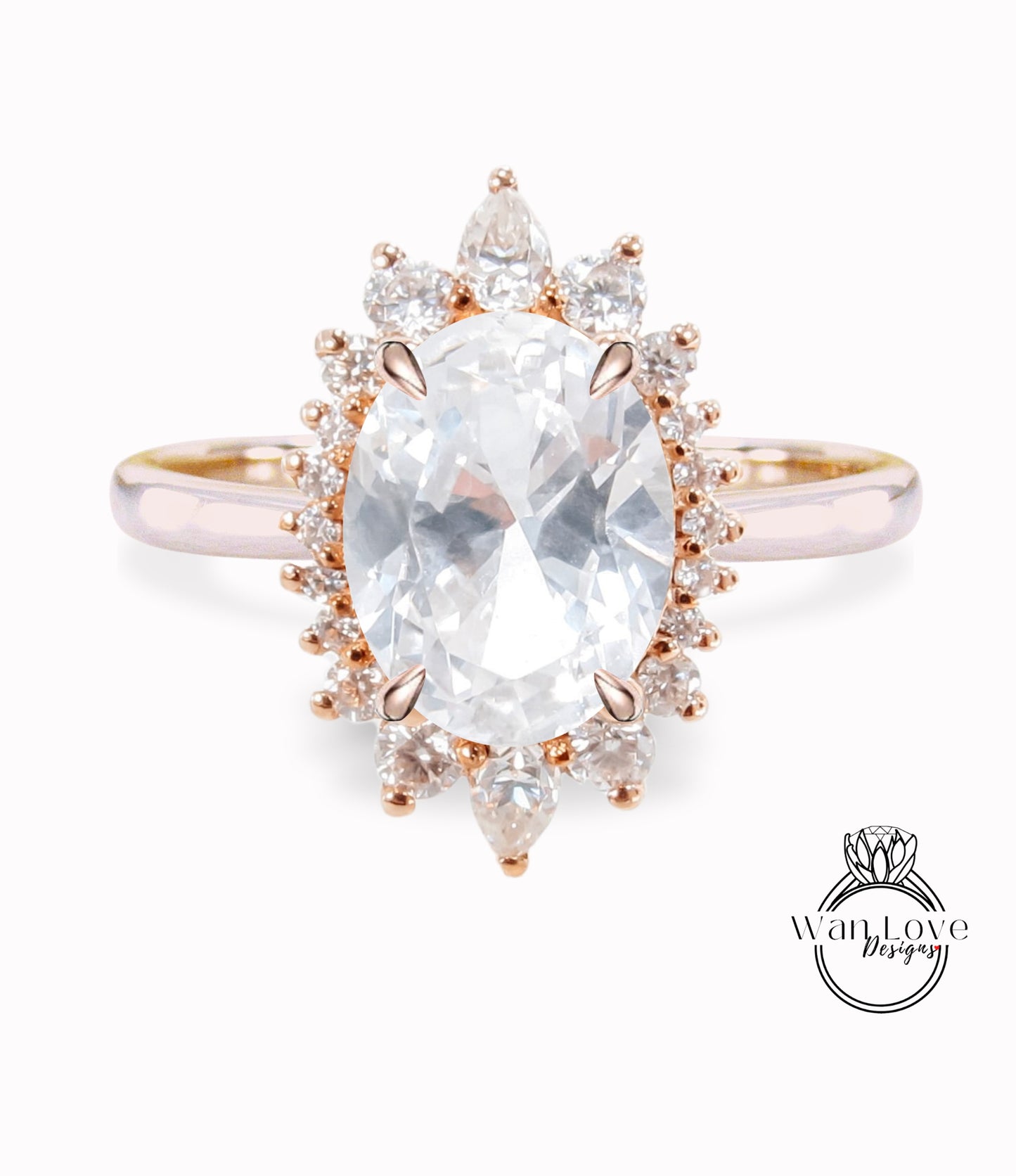 White Sapphire & Diamond Oval Cluster Halo Engagement Ring, Rose Gold Bridal Wedding Ring, Anniversary Gift