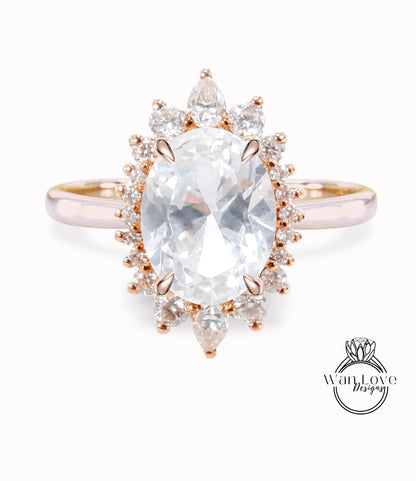 White Sapphire & Diamond Oval Cluster Halo Engagement Ring, Rose Gold Bridal Wedding Ring, Anniversary Gift