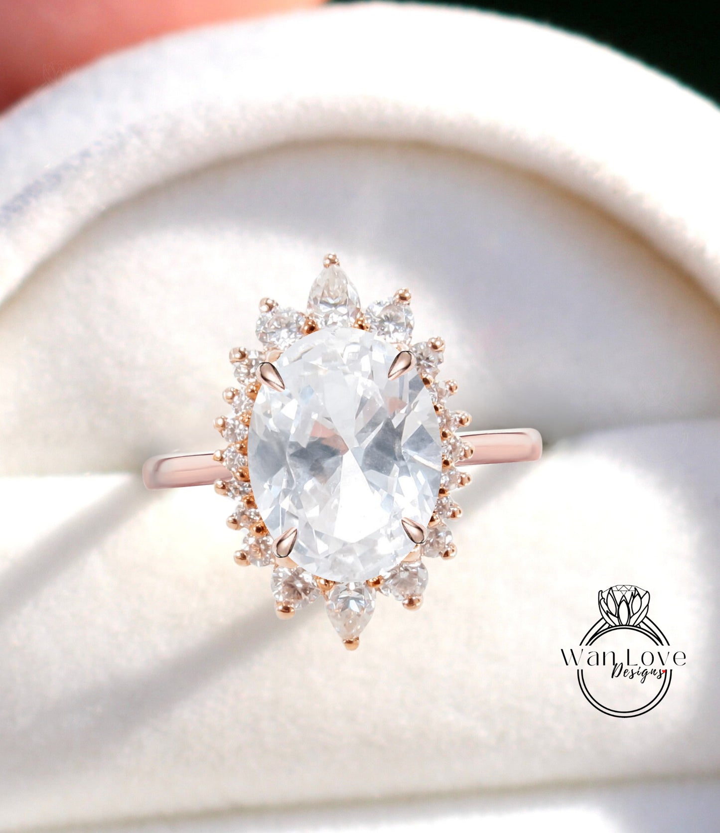 White Sapphire & Diamond Oval Cluster Halo Engagement Ring, Rose Gold Bridal Wedding Ring, Anniversary Gift