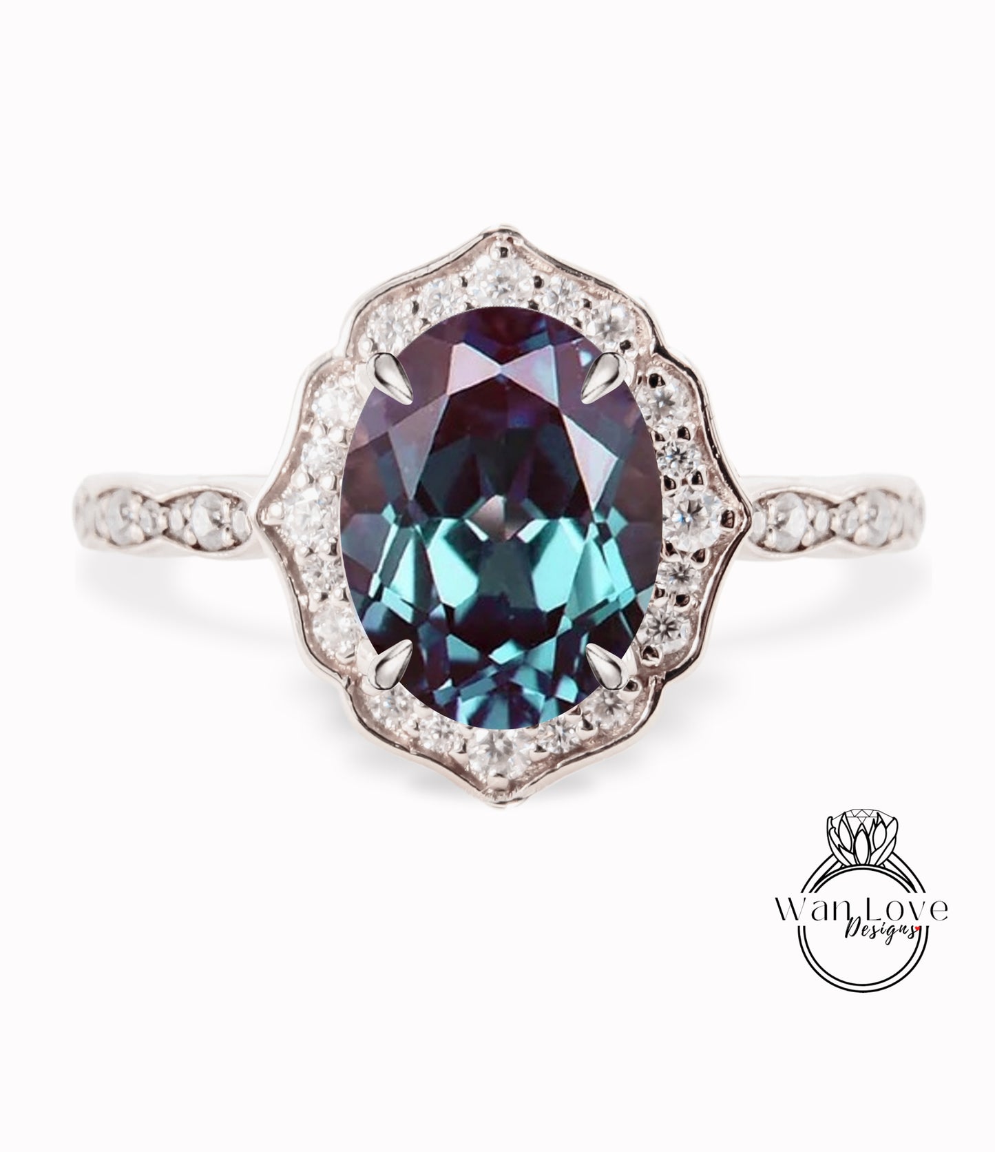 Alexandrite & Diamond halo scalloped engagement ring unique vintage ring rose gold bridal wedding ring anniversary gift