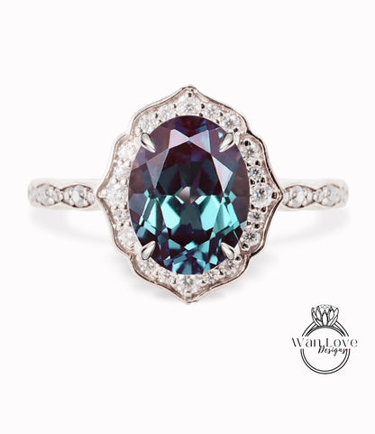 Alexandrite & Diamond halo scalloped engagement ring unique vintage ring rose gold bridal wedding ring anniversary gift