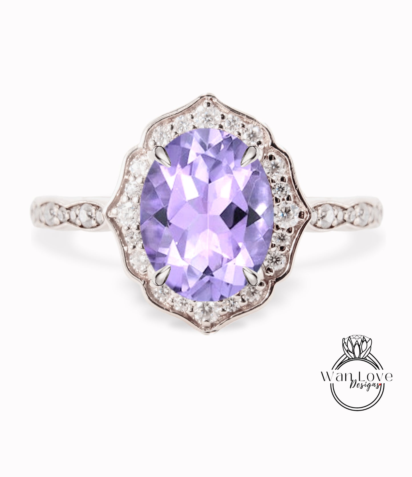 Lavender Amethyst & Diamond halo scalloped engagement ring unique vintage ring rose gold bridal wedding ring anniversary gift