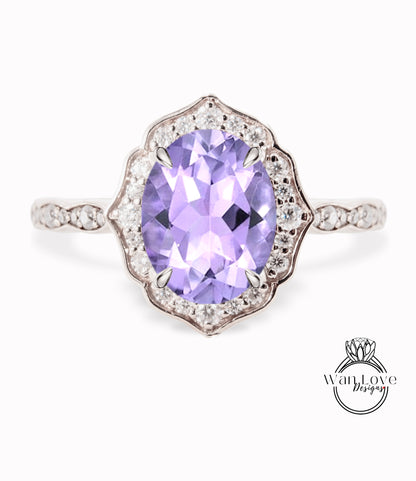 Lavender Amethyst & Diamond halo scalloped engagement ring unique vintage ring rose gold bridal wedding ring anniversary gift