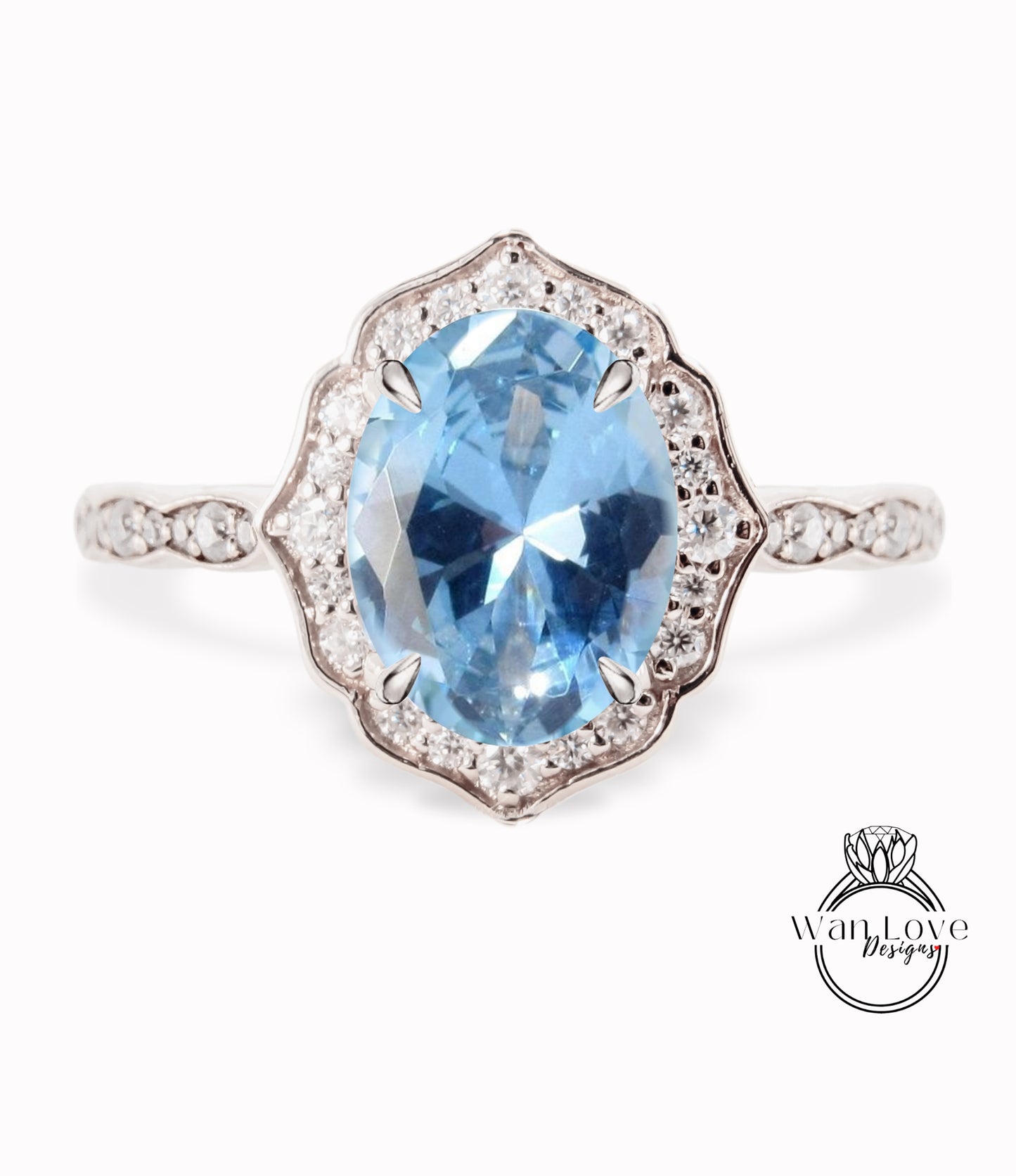 Aquamarine Blue Spinel & Diamond halo scalloped engagement ring unique vintage ring rose gold bridal wedding ring anniversary gift