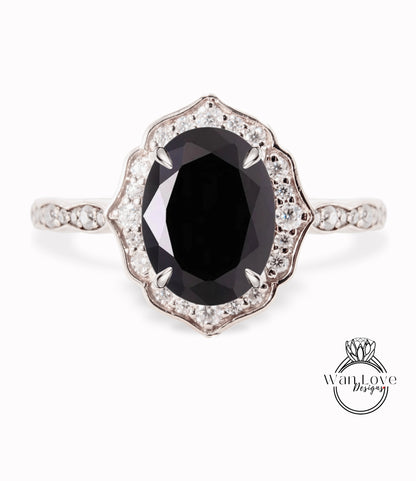 Black Spinel & Diamond halo scalloped engagement ring unique vintage ring rose gold bridal wedding ring anniversary gift