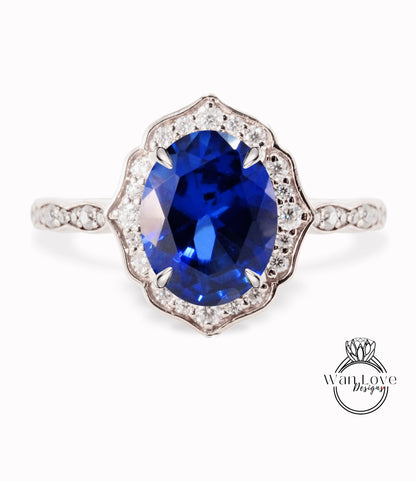 Anello di fidanzamento con zaffiro blu di forma ovale, anello con alone di diamanti, anello smerlato art deco, anello vintage unico, anello in oro rosa, anello anniversario
