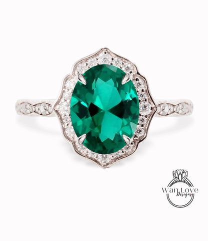 Emerald & Diamond halo scalloped engagement ring unique vintage ring rose gold bridal wedding ring anniversary gift