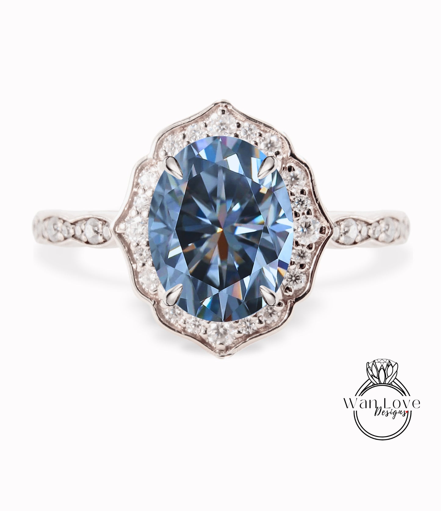 Grey Moissanite & Diamond halo scalloped engagement ring unique vintage ring rose gold bridal wedding ring anniversary gift