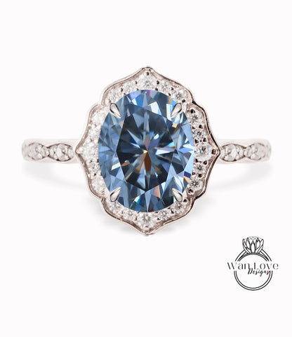 Grey Moissanite & Diamond halo scalloped engagement ring unique vintage ring rose gold bridal wedding ring anniversary gift