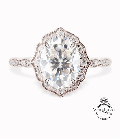 Moissanite & Diamond halo scalloped engagement ring unique vintage ring rose gold bridal wedding ring anniversary gift