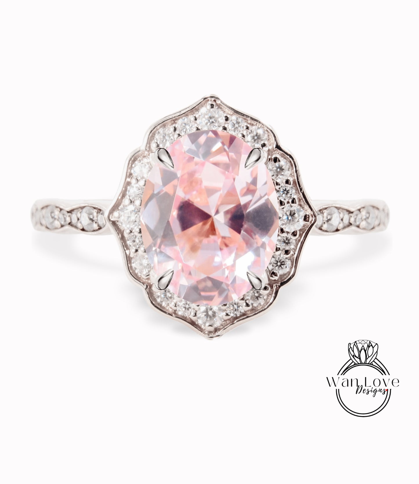 Anello di fidanzamento con zaffiro pesca a forma ovale, anello con alone di diamanti, anello smerlato in moissanite, anello vintage unico, anello in oro rosa, anello anniversario