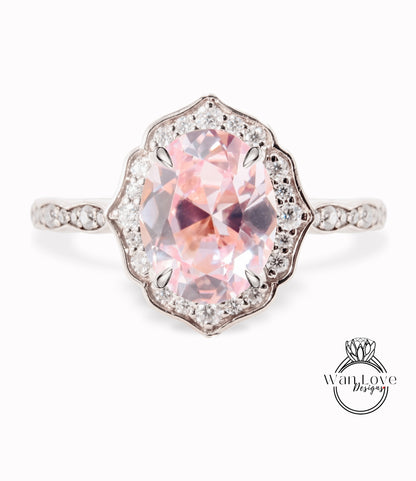 Anello di fidanzamento con zaffiro pesca a forma ovale, anello con alone di diamanti, anello smerlato in moissanite, anello vintage unico, anello in oro rosa, anello anniversario
