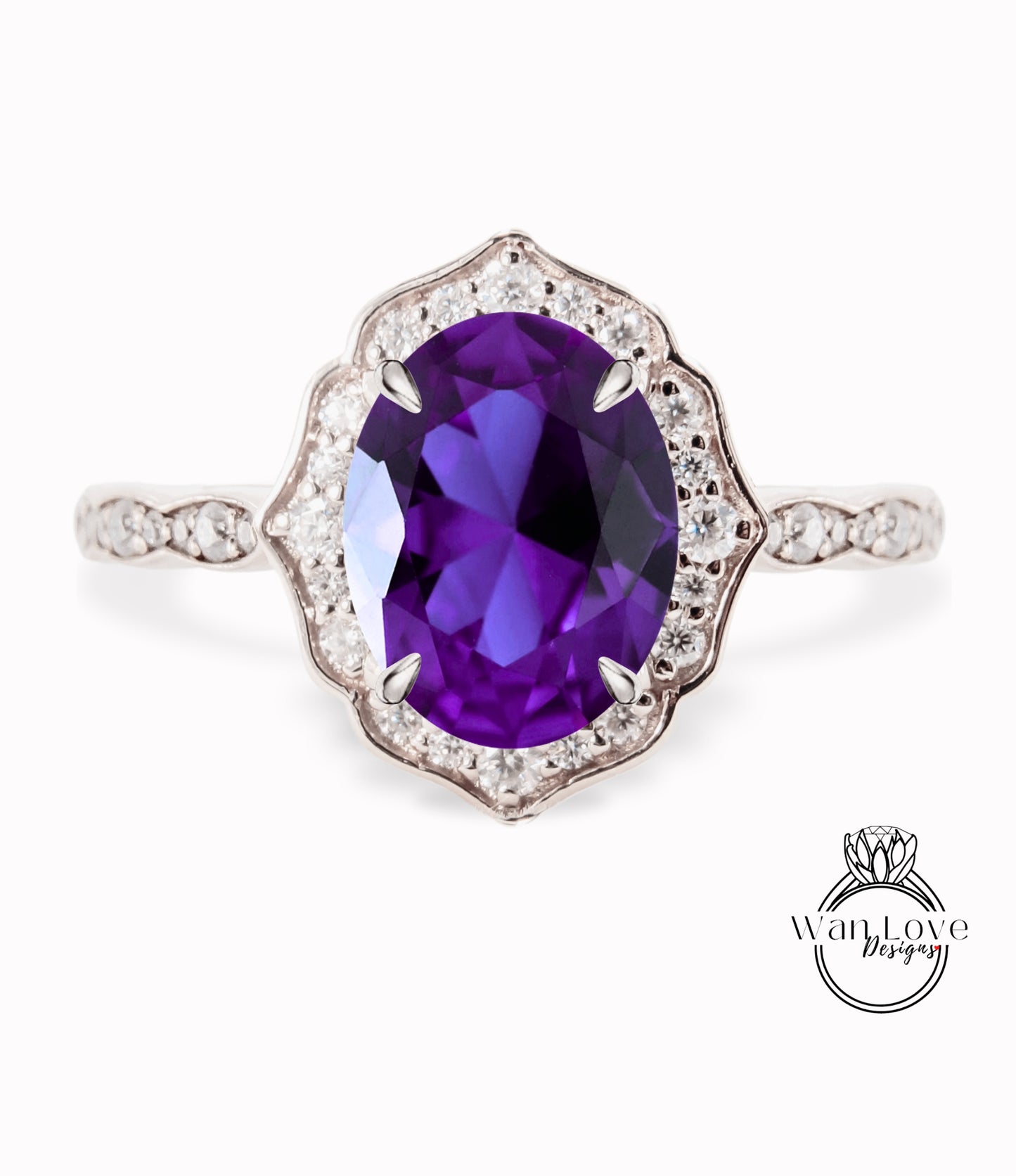 Purple Alexandrite Sapphire & Diamond halo scalloped engagement ring unique vintage ring rose gold bridal wedding ring anniversary gift