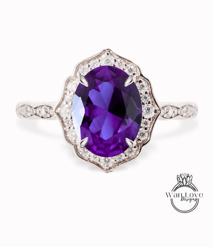 Purple Alexandrite Sapphire & Diamond halo scalloped engagement ring unique vintage ring rose gold bridal wedding ring anniversary gift