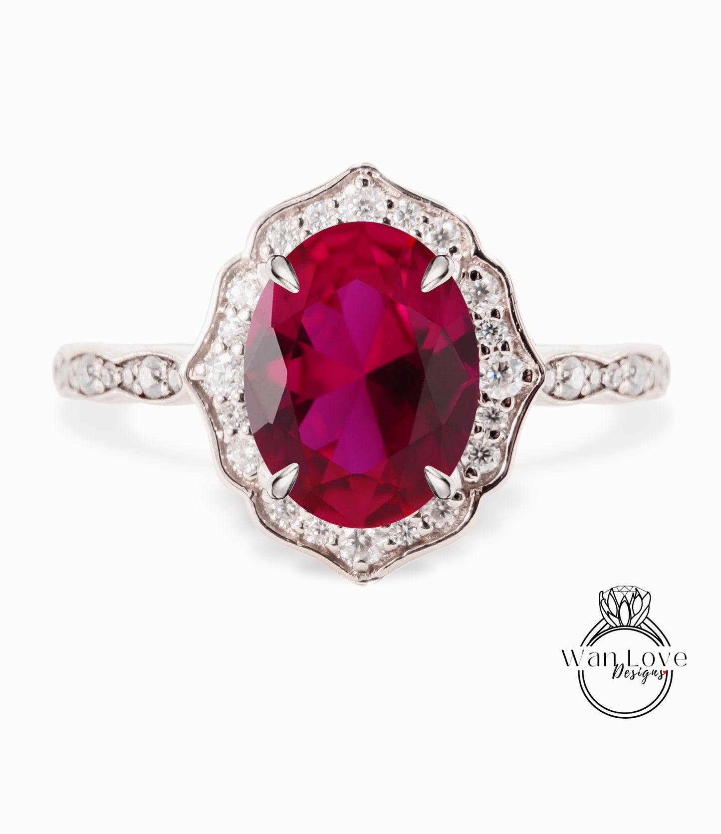 Ruby & Diamond halo scalloped engagement ring unique vintage ring rose gold bridal wedding ring anniversary gift
