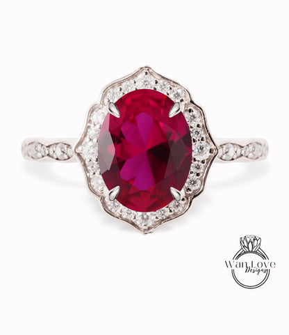 Ruby & Diamond halo scalloped engagement ring unique vintage ring rose gold bridal wedding ring anniversary gift
