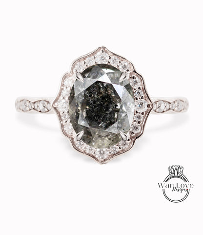 Salt & Pepper Diamond halo scalloped engagement ring unique vintage ring rose gold bridal wedding ring anniversary gift