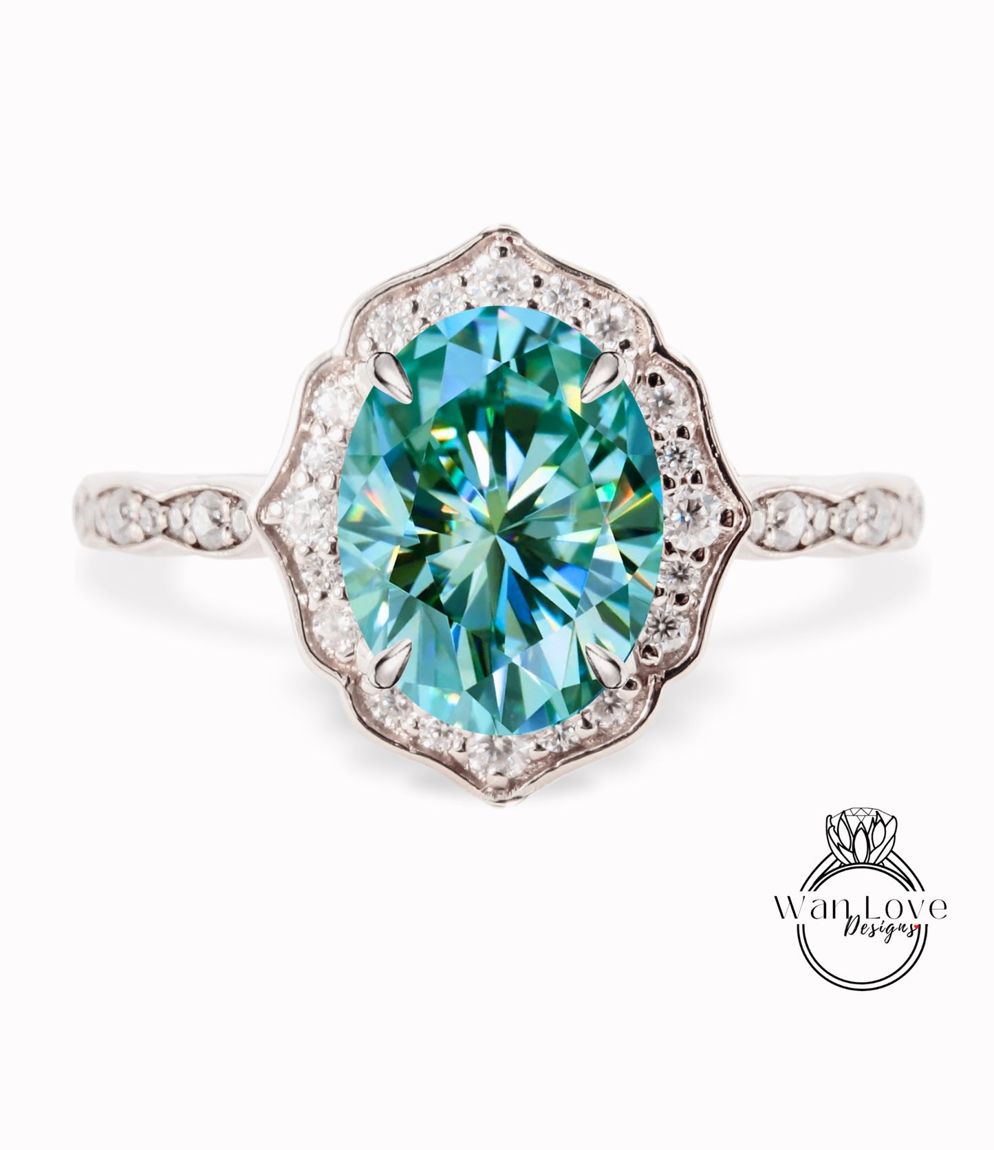 Teal Blue Green Moissanite & Diamond halo scalloped engagement ring unique vintage ring rose gold bridal wedding ring anniversary gift
