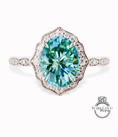 Teal Blue Green Moissanite & Diamond halo scalloped engagement ring unique vintage ring rose gold bridal wedding ring anniversary gift