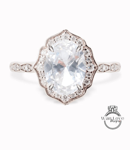 White Sapphire & Diamond halo scalloped engagement ring unique vintage ring rose gold bridal wedding ring anniversary gift