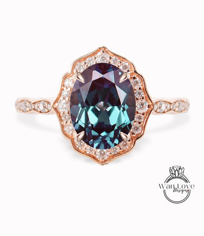 Alexandrite & Diamond halo scalloped engagement ring unique vintage ring rose gold bridal wedding ring anniversary gift