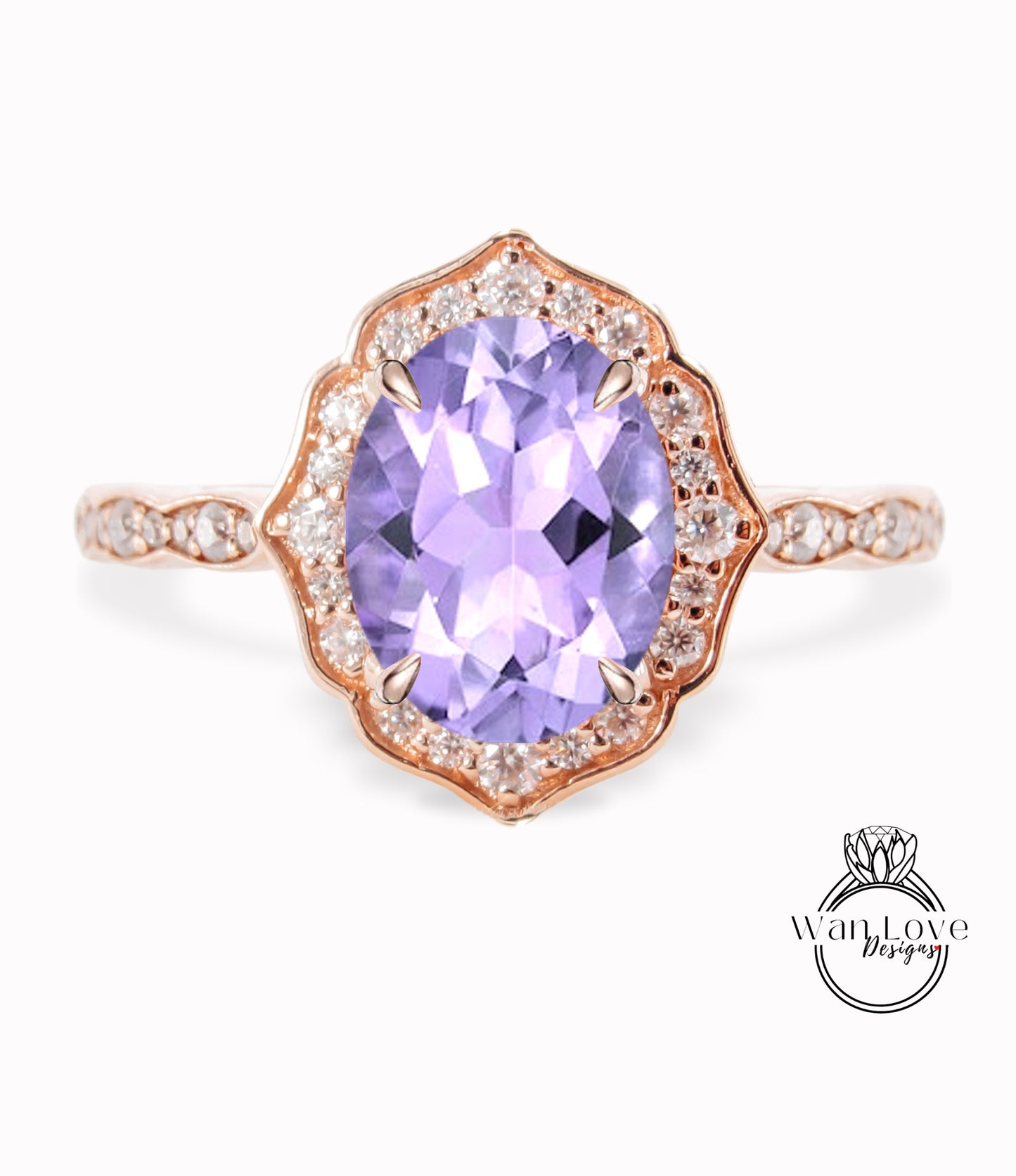 Lavender Amethyst & Diamond halo scalloped engagement ring unique vintage ring rose gold bridal wedding ring anniversary gift