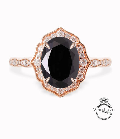 Black Spinel & Diamond halo scalloped engagement ring unique vintage ring rose gold bridal wedding ring anniversary gift