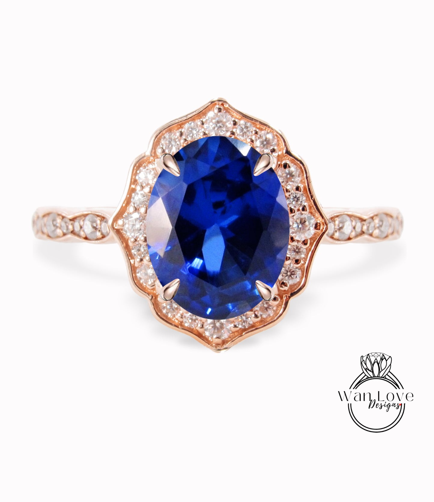 Anello di fidanzamento con zaffiro blu di forma ovale, anello con alone di diamanti, anello smerlato art deco, anello vintage unico, anello in oro rosa, anello anniversario